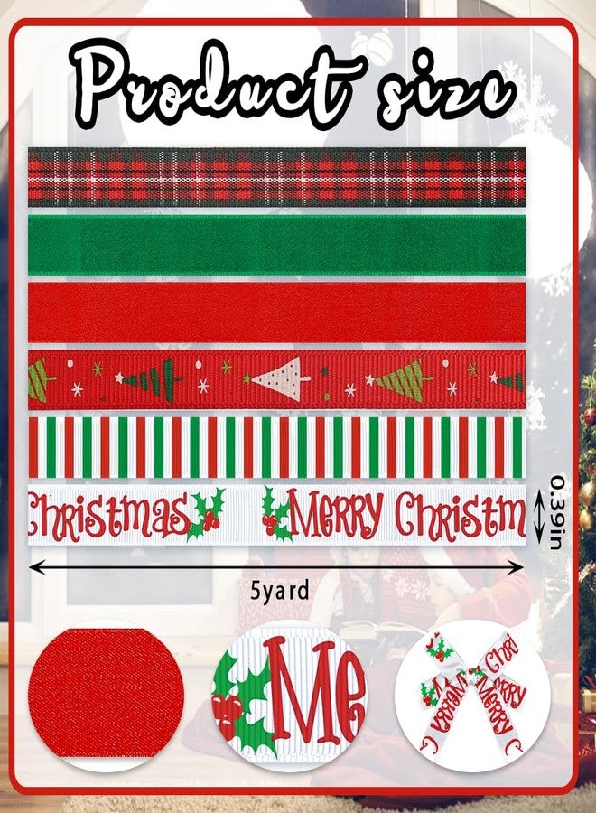 Threetols 6 Rolls 30 Yards Christmas Ribbon 3/8" Xmas Stripe Grosgrain Ribbons Green Red Satin Ribbons Christmas Tree Gift Wrapping Craft Ribbons for Winter New Year Christmas Party Events Decor - Image 2